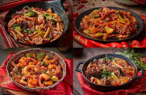왼쪽 상단부터 시계 방향으로 마라 불닭 떡볶이, 마라 샹궈, 마라탕, 마라 감바스. 프레시지 제공