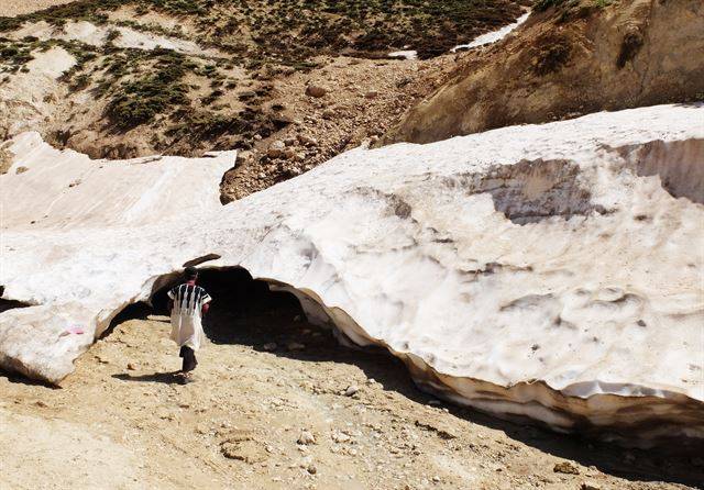언뜻 스티로폼처럼 보이는 단단한 설빙 동굴. 뚝뚝 굵은 눈물을 흘린다.