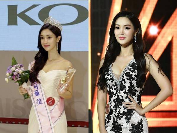 2019 미스코리아 ‘미’ 신혜지가 서울 대회(왼쪽)와 본선 대회(오른쪽)에서 당당한 매력을 발산하고 있다. 본인 제공, 한국일보 DB