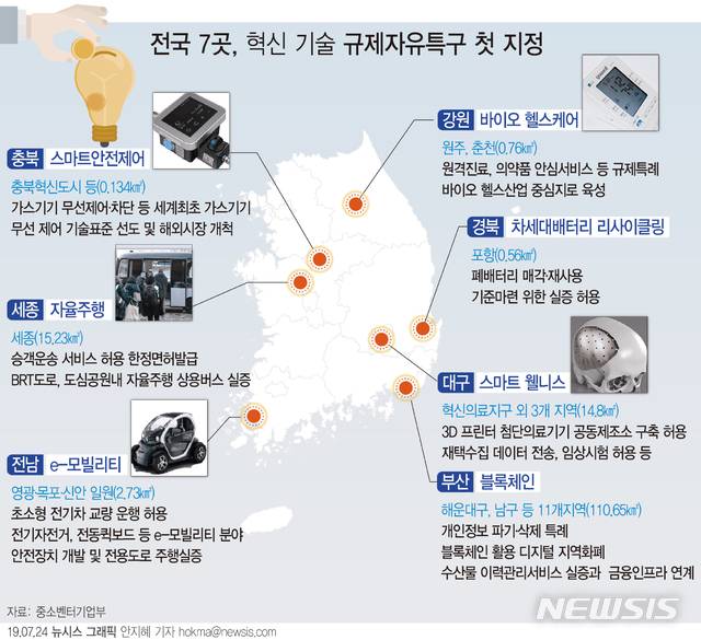【서울=뉴시스】혁신 기술 테스트와 관련 기업을 집중 육성하는 '규제자유특구'로 7개 지방자치단체가 최종 선정됐다. 정부는 규제특례와 함께 최대 1300억원 예산 등을 지원할 방침이다. (그래픽=안지혜 기자)hokma@newsis.com