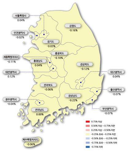 [이미지=시도별 아파트 전세가 변동률(한국감정원 제공)]