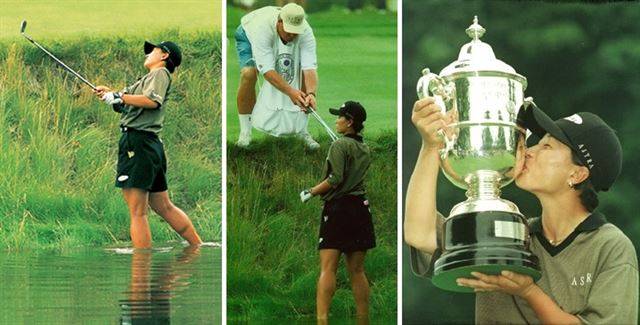 무서운 루키. 1998년 US여자오픈에서 워터해저드에 들어가 기슭에 박힌 공을 쳐낸 박세리 감독. 연장에 재연장 끝에 그는 우승컵을 거머쥐었다. 한국일보 자료사진