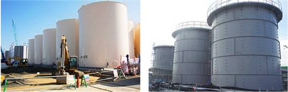 용접형 탱크(왼쪽 사진)와 볼트형 탱크. 도쿄전력은 누수를 막기 위해 2014년부터 오염수 저장탱크를 용접형으로 교체했다.  도쿄전력 제공