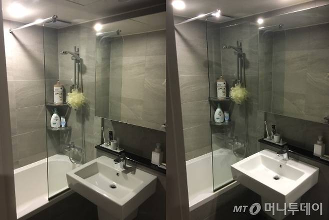 조명 스위치 1개를 켰을 때(왼쪽)와 2개를 모두 켰을 때(오른쪽) 느낌 비교. 절반만 켜도, 화장실을 쓰는데 전혀 무리가 없다. /사진=남형도 기자