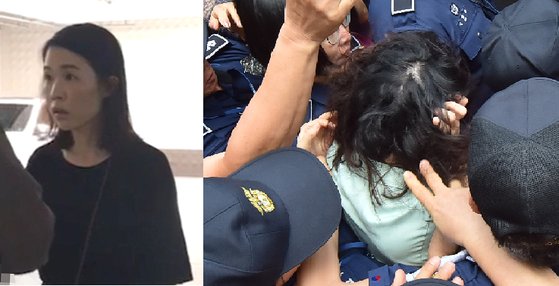 지난 12일 첫 공판에 참석한 고유정이 시민들에게 머리채를 잡힌 모습. 왼쪽은 고유정이 경찰에 체포될 당시 모습. [뉴시스] [중앙포토]