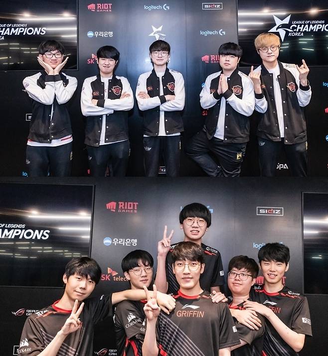 LCK 2019 서머 결승에서 맞붙는 SK텔레콤 T1(위)과 그리핀.