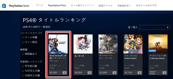 일본 PS 스토어 PS4 게임 타이틀 순위.