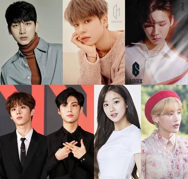 최유리 보컬 트레이너가 제자인 (위줄 왼쪽부터) 빅스 혁, AB6IX 김동현, 전웅, (아래줄 왼쪽부터) 엑스원 김우석, 이은상, 에이프릴 이나은, 뮤지컬 배우 홍서영에 대한 애정을 드러냈다. 각 소속사 제공