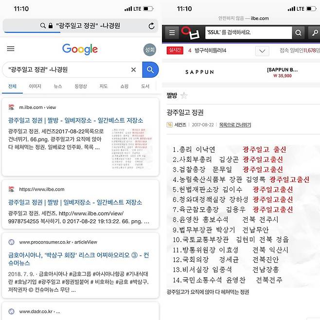 김성회 씽크와이 연구소장이 8월31일 자신의 페이스북을 통해 공개한 '광주일고 정권' 검색 결과. 해당 단어가 온라인 커뮤니티 '일간베스트 저장소(일베)'에서 사용된다고 지적했다./사진=김성회 페이스북 캡처