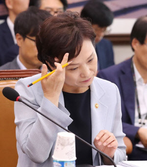 김현미 국토부 장관이 지난달 23일 열린 국회 국토교통위원회 전체회의에서 자료를 살피고 있다.<연합뉴스>