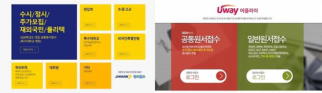 진학사어플라이(왼쪽) 유웨이어플라이. /사진=진학사·유웨이어플라이 홈페이지 캡처