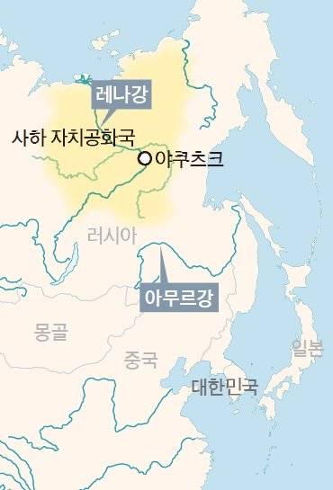 러시아 사하 자치공화국과 레나강의 위치