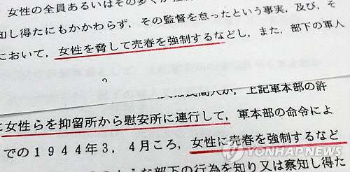일본 법무성이 일본군 위안소 운영에 연루된 일본군과 군이 고용한 민간인 등의 재판 기록을 토대로 보고서를 작성해 1993년 내각관방에 제출한 보고서. 적색 밑줄을 그은 부분에 위협으로 매춘을 강제했다는 내용과 여성을 억류소에서 위안소로 연행했다는 내용이 담겨 있다. [연합뉴스 자료사진]