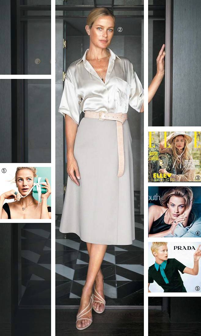 ①최근 촬영한 티파니 광고. ②캐럴린 머피는 "내 몸이 하는 이야기에 귀를 기울이는 게 중요하다"며 "채소 주스에 스크램블 에그와 시금치, 훈제 연어, 페타치즈, 아보카도를 곁들인 아침 식사를 즐긴다"고 말했다. ③엘르 프랑스판 커버. ④20년간 에스티로더 모델로 활동했다. ⑤21세에 찍은 프라다 광고. /김지호 기자· 캐럴린 머피 인스타그램·프라다