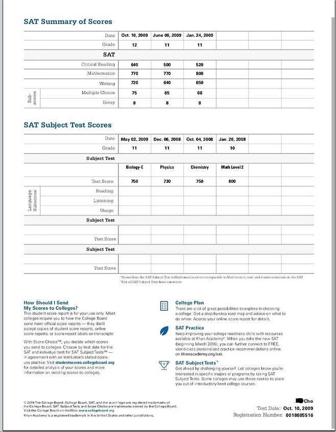 본지가 확보한 조국 딸 조모(28)씨의 SAT 성적표 원본. [조 씨 측 제공]