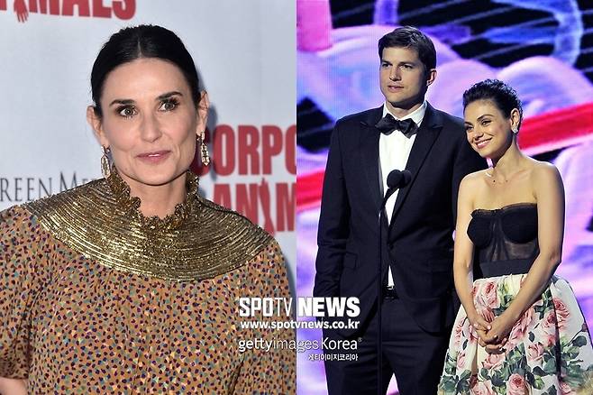 ▲ 성생활 폭로전에 나선 데미 무어, 전 남편 애쉬튼 커쳐와 그와 현재 결혼생활 중인 밀라 쿠니스(왼쪽부터 ) ⓒgettyimages