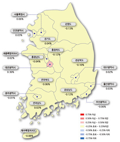 서울은 이번주 인기지역의 신축 아파트와 8월 하락폭이 컸던 재건축 단지 등에서의 매수세 유입으로 전주 대비 상승폭이 2배 확대됐다. 사진은 전국 시도별 아파트 매매가격지수 변동률 지도.<한국감정원 제공>