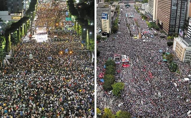 지난달 28일 서울 서초동에서 열린 촛불집회(왼쪽 사진)와 지난 3일 서울 광화문 일대에서 열린 태극기 집회 현장. 빅데이터를 이용해 규모를 비교해보니 광화문 집회가 서초동 집회보다 4배가량 컸다. /조선일보 DB