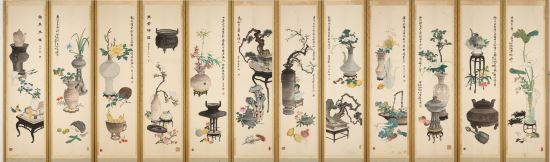 이도영 <나려기완도(羅麗器玩圖), 1930년, 종이에 채색, 각 폭 137.3×32.3㎝, 경기도박물관. 이도영이 1930년 서화협회전람회에 출품한 기명절지화이다. 민속적 정체성을 추구한 이도영의 예술세계를 보여준다. 국립중앙박물관 제공