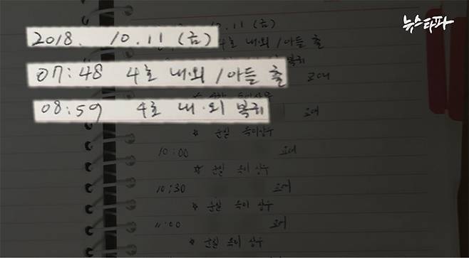 ▲ 지난해 10월 서울 종로구의 한 타운하우스 주차장 기사 대기실에서 발견된 사설 경호원의 근무일지. 주민들의 입출입 내역 등이 상세히 적혀 있다.