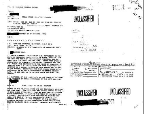 주한 미국대사관이 사건 당시 미국 국무부로 보낸 전문 (서울=연합뉴스) 윌리엄 글라이스틴 주한 미국대사는 10·26 사건 후 김재규와 미국 CIA와의 공모설이 서울 시내를 중심으로 광범위하게 퍼져 한동안 고충이 따를 수도 있다는 내용의 전문을 보냈다. 글라이스틴 대사는 별도 문건을 통해 자신이 김재규 부장을 몇 차례 만나 인권 문제 등에 대해 강도 높게 한국 정부를 비난한 바 있으나 10·26사건은 미국과 무관하다고 강조했다. (2019.10.25)
