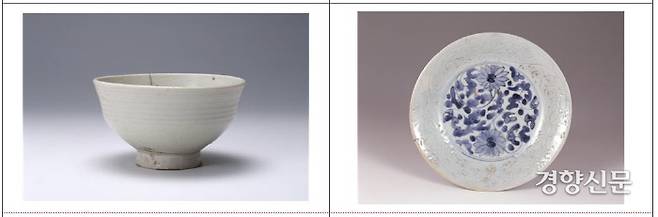 일본 등록문화재인 백자사발(왼쪽)과 백자 청화 국화·넝쿨무늬 접시(오른쪽). 일본 사가현립 규슈도자문화관 소장품이다.