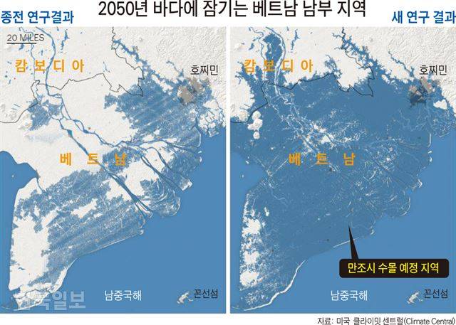 [저작권 한국일보]30년 뒤 남베트남 대부분은 물에 잠길 것으로 예측됐다. 한 눈에도 침수 피해 지역이 대폭 확대된 것을 볼 수 있다. 2019-10-30(한국일보)