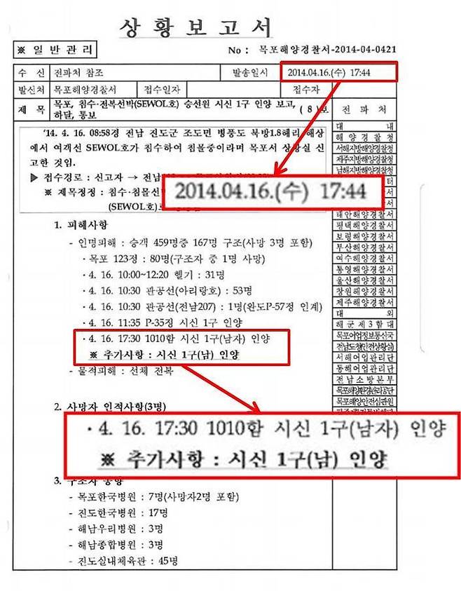 세월호 참사 당일 오후 5시44분에 목포해경이 작성한 상황보고서. ㄱ씨가 발견된 지 20분 뒤에 보고된 이 문서에는 해경이 ㄱ씨를 이미 숨진 것으로 판단하는 문구가 포함되어 있다. ※ 이미지를 누르면 크게 볼 수 있습니다.