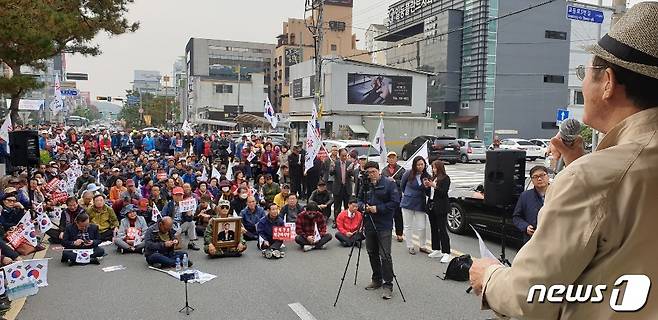 2일 충북 청주시 상당공원 인근 도로에서 충북자유민주시민연합 주최로 '문재인 정권 규탄집회'가 열렸다. 2019.11.2 © 뉴스1