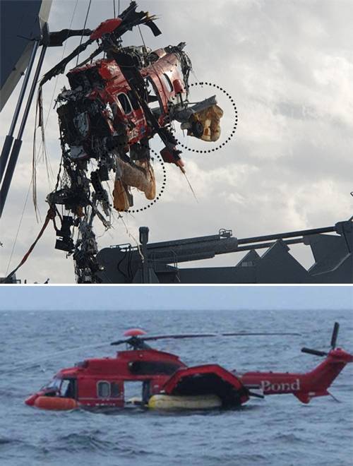 독도 인근 바다에 추락한 소방헬기 ‘영남1호’가 인양된
모습. 헬기가 바다에 불시착했을 때 물에 떠 있게 하는 장치인 비상부주(동그라미 안)가 바람 빠진 풍선처럼 매달려 있다(위 사진). 2012년 영국 스코틀랜드에서 영남1호와 같은 기종 헬기가 해상에
불시착했지만 비상부주가 펼쳐져 물 위에 떠 있다(아래 사진). 추락한 지 8시간이 지난
상태로 당시 탑승객 전원이
구조됐다. 동해=뉴시스 /
출처 영국 항공사고조사국