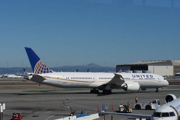 수직이 아닌 뒤쪽으로 휘어진 레이키드 윙렛이 달린 최신 B787