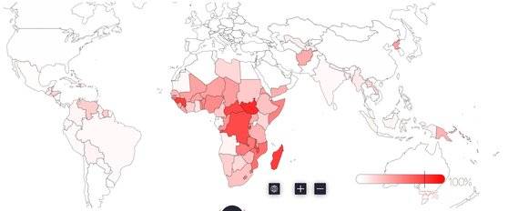 빨간색이 진할수록 극빈층 비율이 높은 것을 뜻함. [자료: 세계빈곤시계]