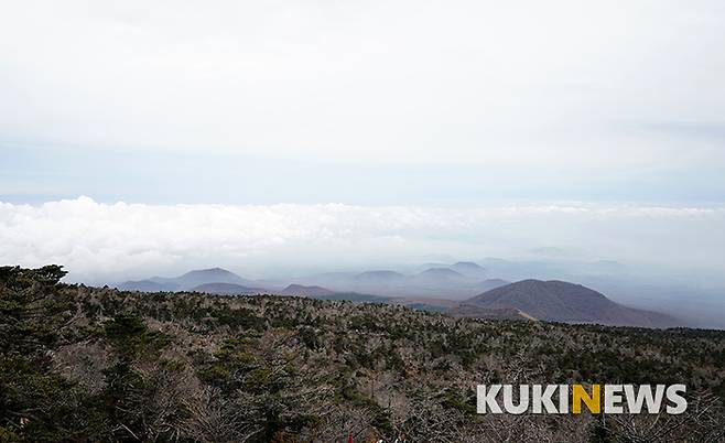 한라산 정상만 바라보고 오르다 지쳐 잠시 쉬면서 뒤돌아보니 올망졸망한 오름 너머 바다에서 뭉게구름이 피어오르고 있었다.