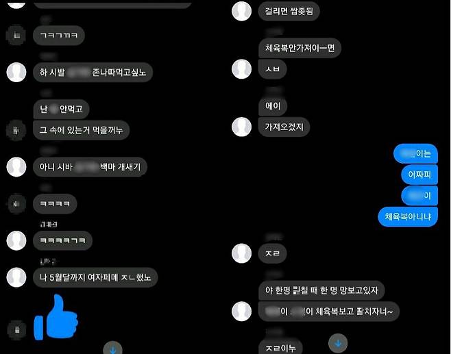 가해 남학생들은 페이스북 메신저 채팅방을 통해 여학생 수십명을 대상으로 수개월간 언어 성폭력을 벌인 것으로 나타났다. 해당 내용은 가해 학생들이 여학생의 체육복에 음란행위를 하자고 말하는 내용. [피해자 제공]