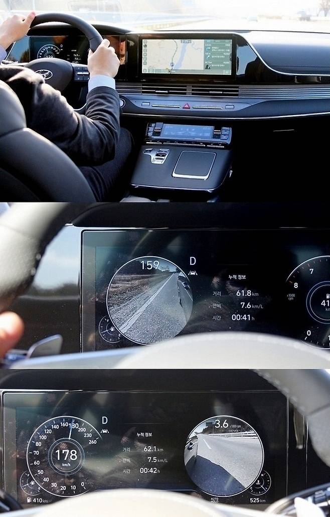 운전석은 수억원을 호가하는 수입차에 뒤지지 않는다. 시원스런 디자인에 탑승객을 고려한 나파 가죽 시트 등이 적용됐다. 좌회전시 계기판의 속도계 부분에 차량 왼쪽 부분이, 우회전시 오른쪽 rpm 계기판 위에 차량 오른쪽 부분이 비쳐진다. 운전자가 A필러로 이 부분 시야을 확보할 없어서 이다. 속도와 rpm은 화면 맨 위에 표시된다. 사진=글로벌 이코노믹 정수남 기자