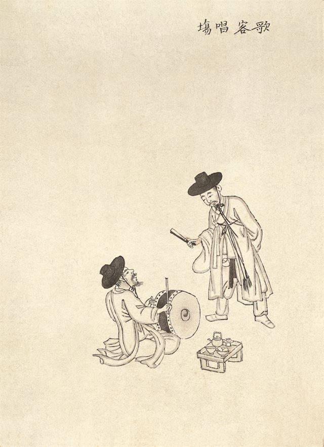 '기산풍속도' 중 가객이 북소리에 맞춰 노래하고 있는 모습. 숭실대 한국기독교박물관 제공