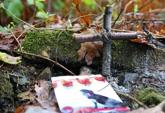 누군가 만들어놓은 작은 십자가. 그 아래 놓은 애견 사진.