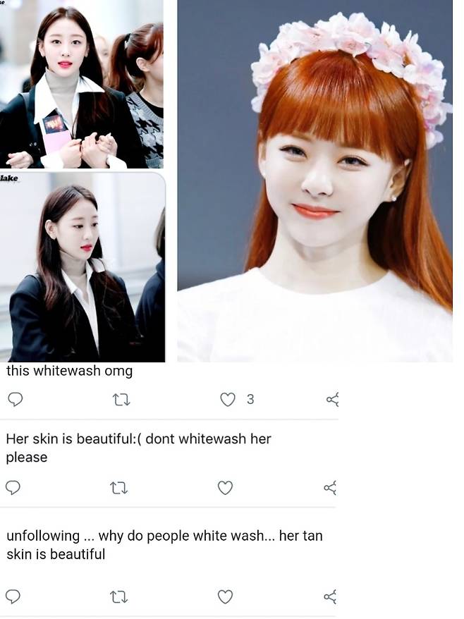 하얀 피부의 한국 아이돌 사진들에게'화이트워싱을 멈춰라'며 비아냥대는 외국 누리꾼들. / 사진 = 온라인 커뮤니티 갈무리