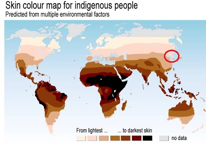 세계 피부색 지도. / 사진 = 미국의 인류학과 교수 조지 채플린(George Chaplin)의 연구'지리적 위치가 인종 피부색에 미치는 영향'