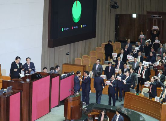 문희상 국회의장이 10일 오후 국회 본회의에서 자유한국당의 항의 속에 내년도 예산안을 의결하고 있다. 연합뉴스