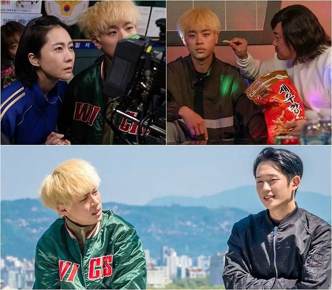 박정민이 맡은 택일은 극중 가장 다양한 사람과 관계맺는 인물이다. 왼쪽부터 시계방향으로 택일 엄마 정혜 역 염정아, 거석이 형 역 마동석, 상필 역 정해인과 함께 있는 박정민 (사진=외유내강 제공)