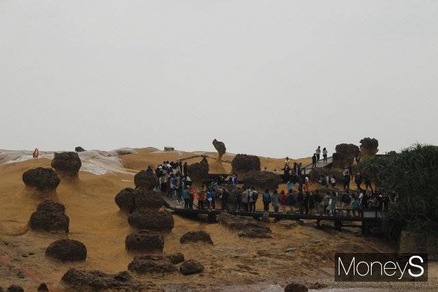 예류 지질공원의 버섯바위. 이 공원의 상징인 왕비바위(가운데)에 사진을 찍으려는 관광객들이 줄지어 서있다. /사진=박정웅 기자