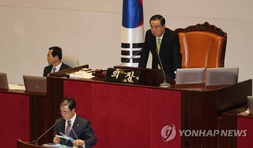 국회 필리버스터 자동 종료 공직선거법 개정안에 대해 자유한국당이 신청한 필리버스터가 12월 26일 0시 임시국회 회기가 끝나면서 자동으로 종료됐다. 문희상 의장이 토론 종료를 선포하고 있다. [연합뉴스 자료사진]