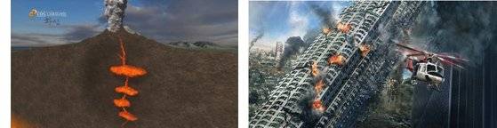 영화 '백두산' VFX 작업에 참고가 된 (왼쪽부터) EBS 다큐프라임 '백두산 대폭발의 진실'과 할리우드 영화 '샌 안드레아스'. [사진 EBS, 워너브러더스 코리아]