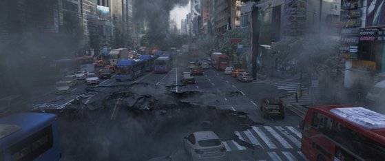 영화 '백두산'에서 백두산 화산 폭발 여파로 강남역 주변이 붕괴되는 장면이다. [사진 CJ엔터테인먼트·덱스터스튜디오]