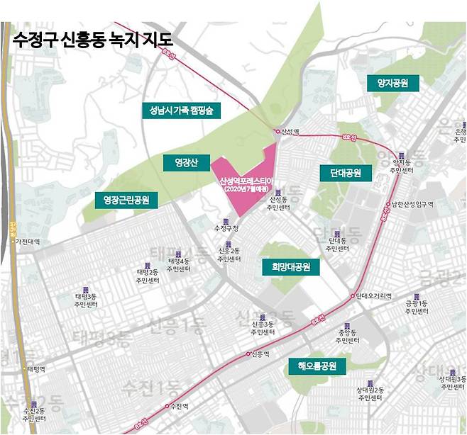 △ 수정구 신흥동 녹지와 지하철 위치 [지도 = 국토정보맵]