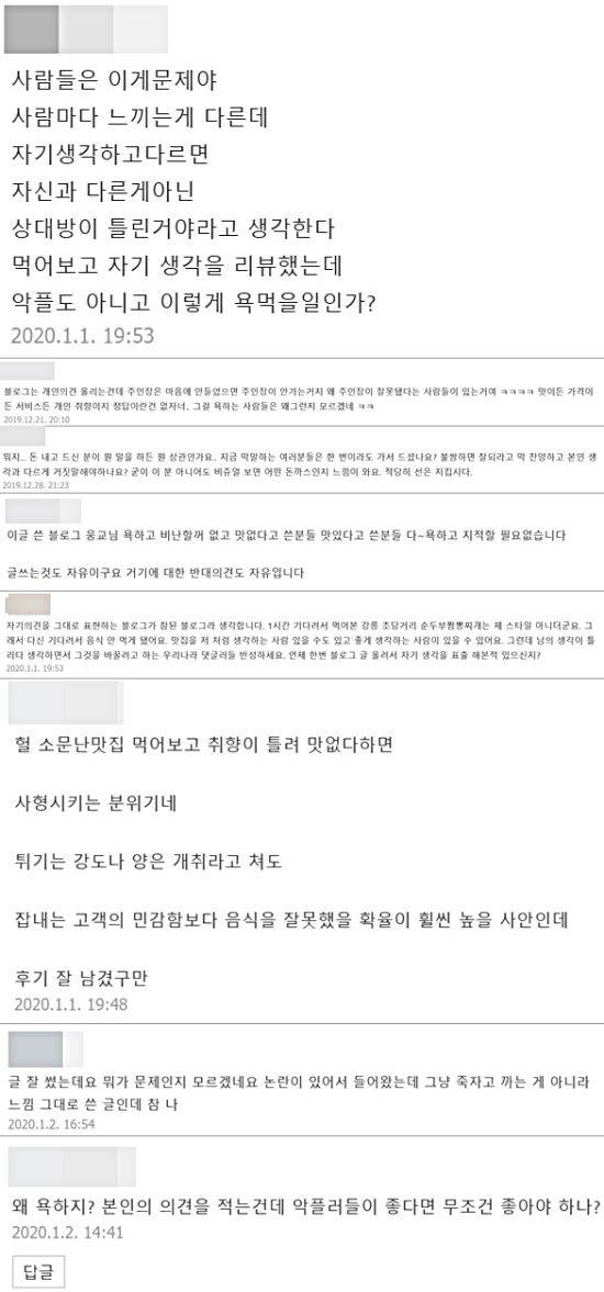 A씨의 글을 옹호하는 사람들의 댓글. 블로그 캡처