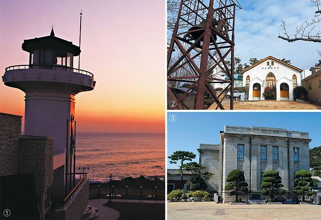 ①1920년 처음 불을 밝힌 울산 울주군 ‘간절곶등대’. ②경북 군위읍 동부리 언덕에 있는 ‘군위성결교회 첫예배당’. ③동양척식주식회사 건물이었던 목포근대역사관 2관./김종연 영상미디어 기자·울산지방해양수산청