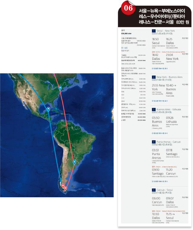 서울-뉴욕-부에노스아이레스-우수아이아//푼타아레나스-칸쿤-서울 여행 경로. [아메리칸항공 홈페이지]