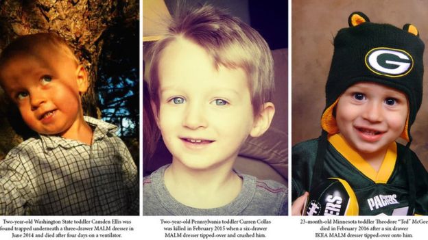 이케아 말름 서랍장이 넘어지는 바람에 목숨을 잃은 미국 어린이들. 왼쪽부터 워싱턴주 캠든 엘리스, 펜실베이니아주 커렌 콜라스, 미네소타주 테드 맥기.펠드먼 셰퍼드 제공영국 BBC 홈페이지 캡처